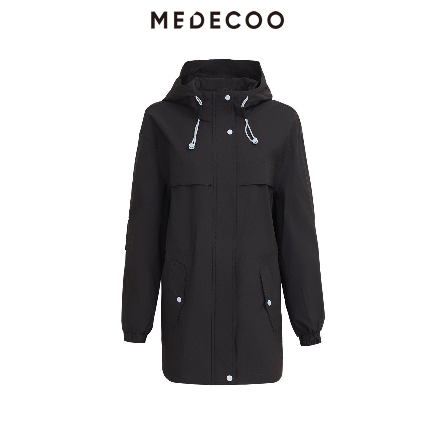 MEDECOO/墨蒂珂2026秋冬新款中长款连帽直筒经典款风衣外套