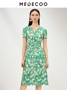 MEDECOO/墨蒂珂夏季新款 短袖V领田园印花真丝连衣裙MHX90228