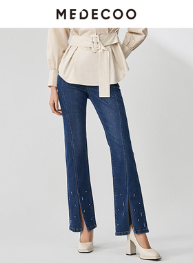 MEDECOO/墨蒂珂秋季新款双腰头开叉微喇钉钻牛仔裤女MHQ80702