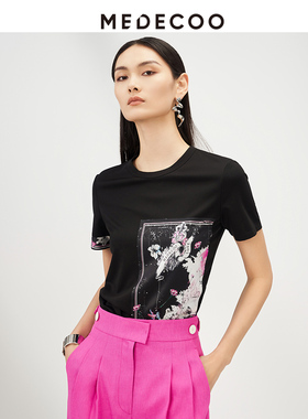 MEDECOO/墨蒂珂夏季新款女装圆领印花减龄短袖体恤衫MHX62313