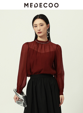 MEDECOO/墨蒂珂2025秋冬新款女装设计感上衣优雅微透衬衫MJQ62214