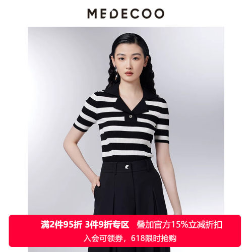 墨蒂珂翻领套头撞色条纹针织衫