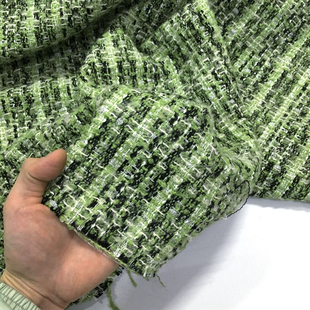 清新编织感青绿色条纹图案羊毛粗纺面料 秋冬 柔软 垂坠 服饰布料