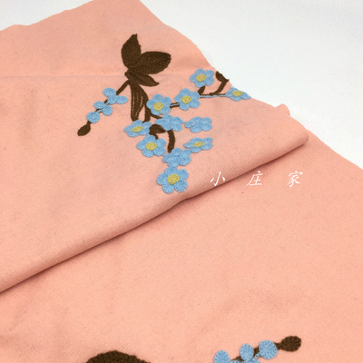 马卡龙色系淡粉橘色刺绣花卉时装面料 春秋 柔软 垂坠 服饰 布料