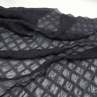 纯黑色格子泡泡轻薄雪纺纱面料 夏季新品 裙子 汉服 布料