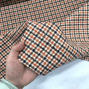 进口 橘色千鸟格子图案小亮片双面羊绒羊毛料面料 秋冬 柔软 布料