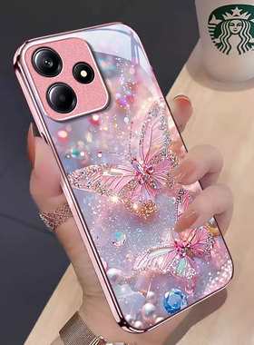 适用闪钻蝴蝶红米note14pro+手机壳13少女12R专用11TPRO+新款10防摔9保护套redmi金属漆玻璃极速版高级感奢华