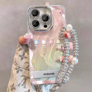 女iPhone13 适用苹果15手机壳新款 14promax彩色小熊12镜头膜全包苹果11轻奢风带支架手链高级感防摔保护套