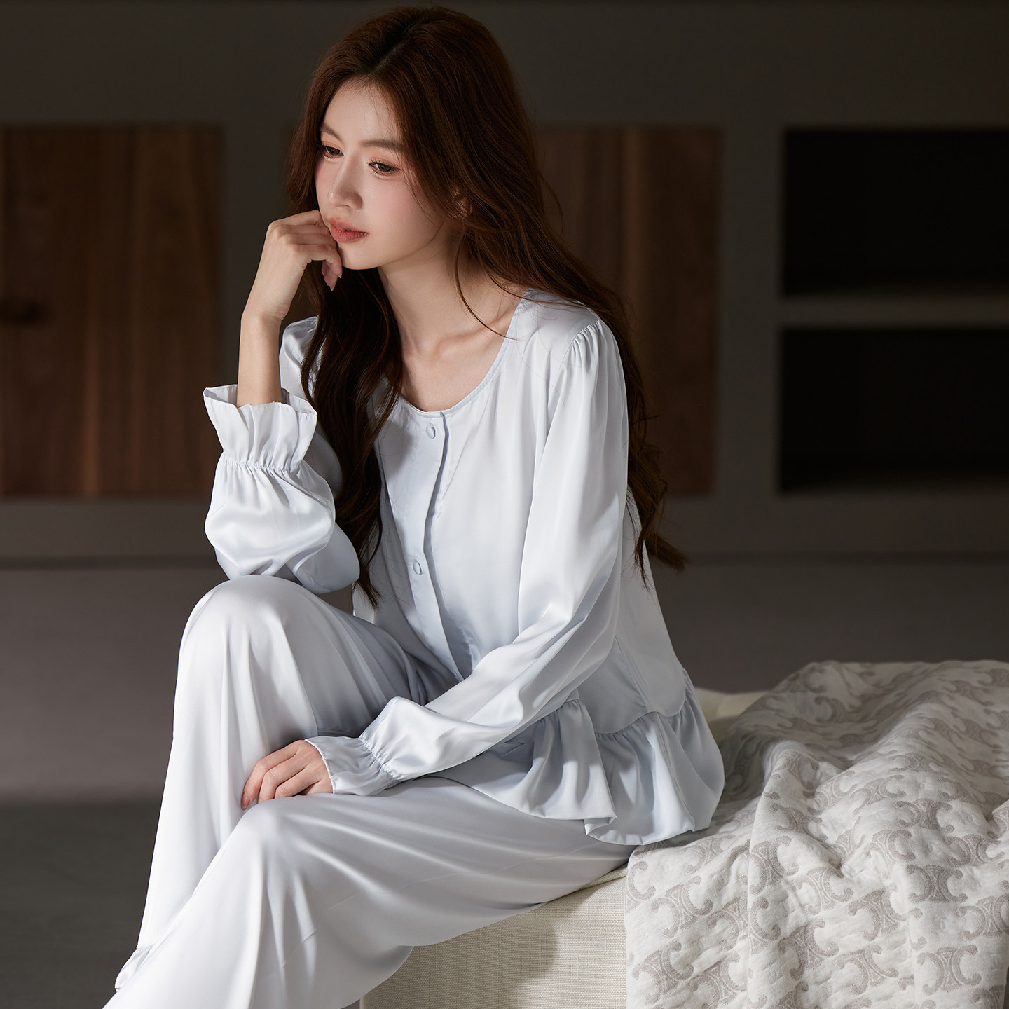 春夏冰丝长袖荷叶边家居服套装
