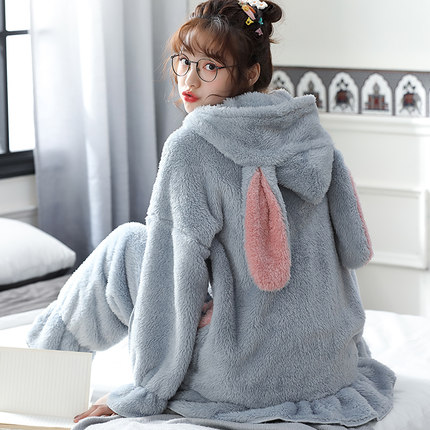 睡衣女冬款珊瑚绒冬季加厚加绒毛绒家居服可爱法兰绒套装兔子冬天