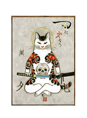 日式风武士猫墙面火锅餐厅挂画