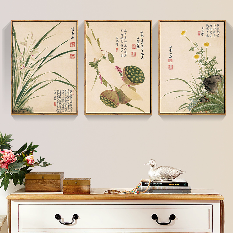 新中式布艺画项圣谟现代客厅餐厅装饰画沙发背景墙画挂画工笔花草图片