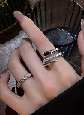 轻奢小众设计两件套开口戒指女时尚个性网红同款精致微镶食指环潮