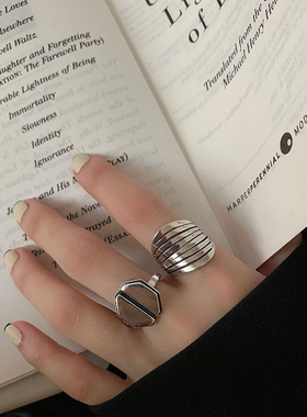 s小众镀银戒指女简约复古多层镂空八边形戒指泰银时尚轻奢百搭指