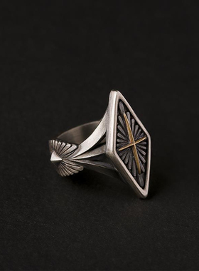 新款泰古信条系列S925泰银原创欧美复古金十字戒指菱形个性潮男朋