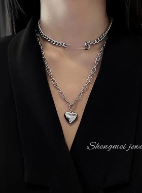 钛钢女金属爱心小众粗链条锁骨链