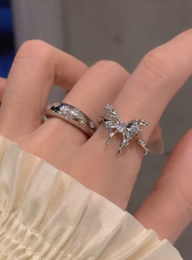 嘟嘟夫妇银色蝴蝶开口戒指女小众高级感指环个性镶钻可调节食指戒