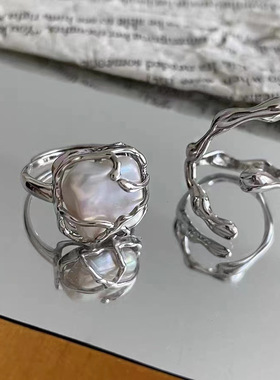 奶斯小众设计感不规则金属冷淡风戒指女个性百搭食指珍珠气质指环