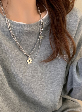 星星花朵拼接金属项链女秋冬个性甜酷毛衣链2023年新款设计感项链