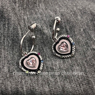 滴釉爱心镶钻银针耳环C型甜酷少女感小众设计感耳钉网红耳饰潮酷