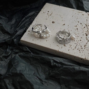 双层不规则珍珠戒指开口设计款小众大气设计时尚个性高级银指环
