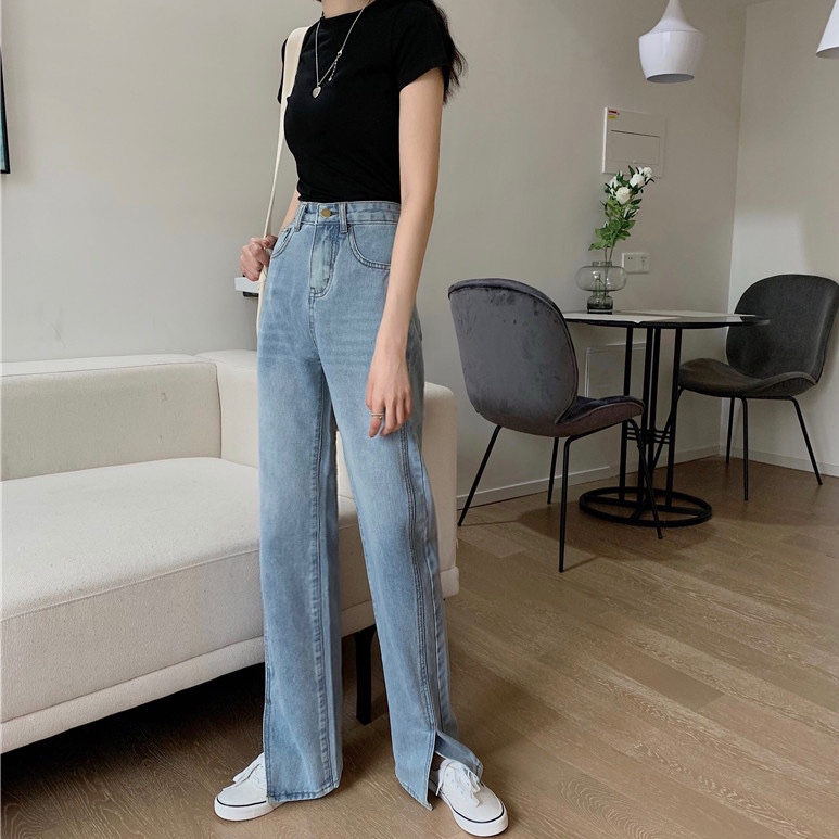 New high waisted jeans Korean version ins loose split wide leg pants floor length pants female students