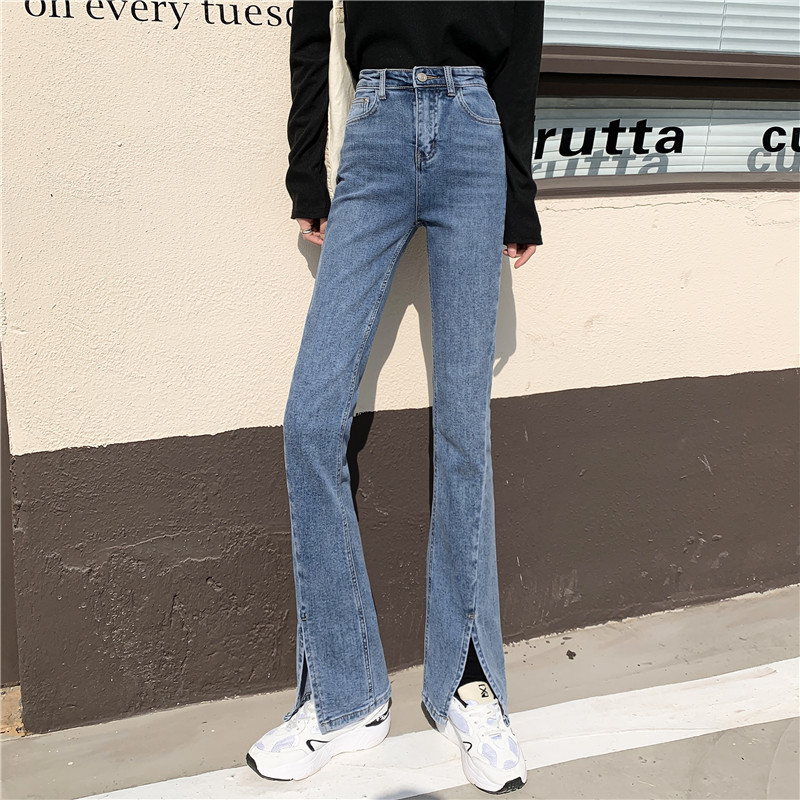 Real price early spring new 2-color Korean high waist slim split micro horn jeans