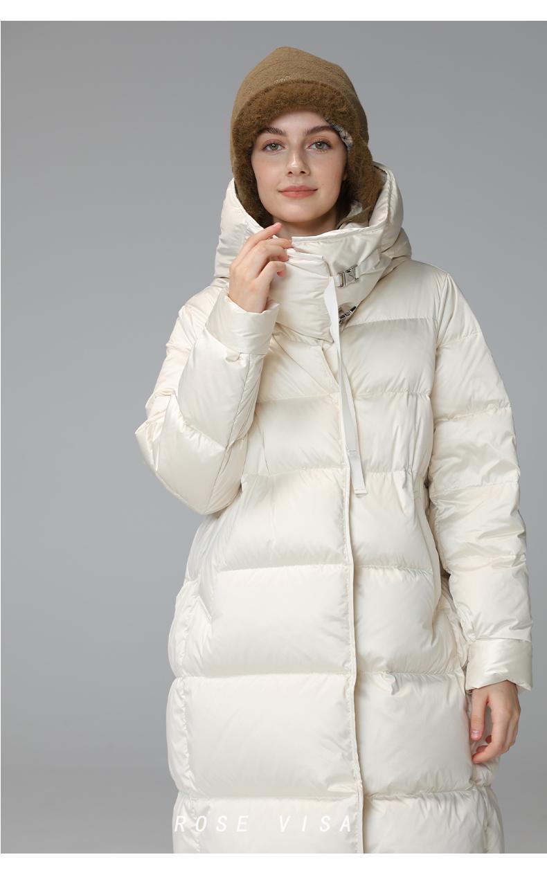 95白鹅绒珠光缎面三防面料磁吸设计长款鹅绒服