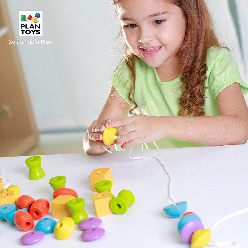 泰国进口Plantoys木制串珠玩具5466儿童益智动手形状认知启蒙2-5
