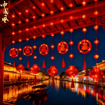 新款春节彩灯小红灯笼户外新年福字灯太阳能灯串窗帘装饰氛围灯