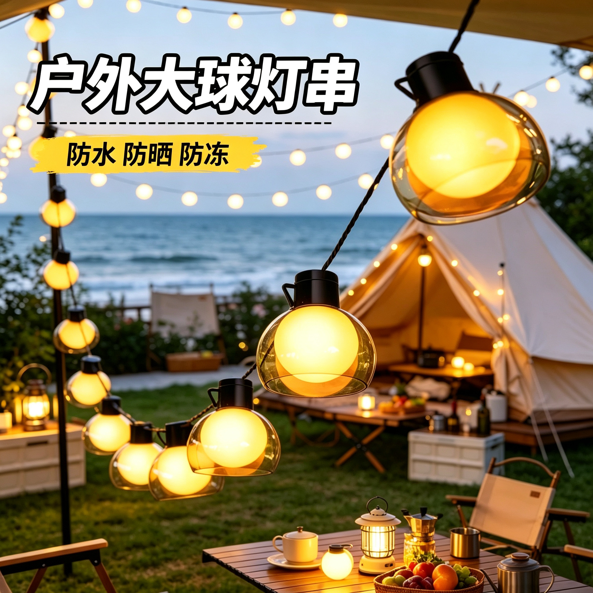 户外露营太阳能圆球灯串彩灯串灯氛围灯天幕帐篷装饰防水夜市摆摊