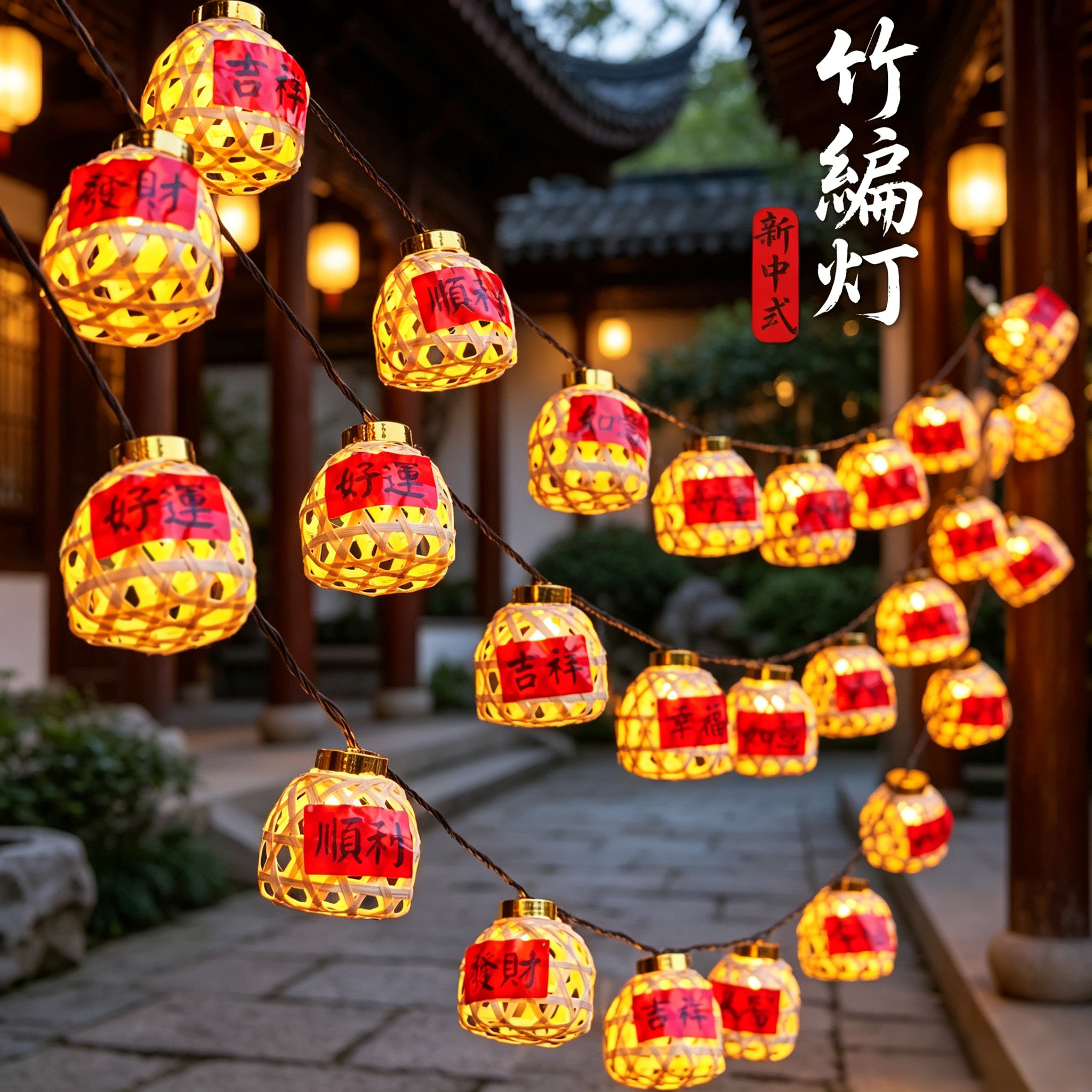 太阳能竹编灯笼串春节装饰灯挂灯氛围灯户外led小彩灯阳台布置灯