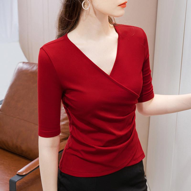 广州丹语漫绪服饰黑色中袖恤女夏2026女装交叉领半袖棉体恤褶皱收图片