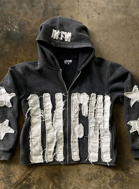y2k hoodie~高街风拼布字母星星连帽开衫卫衣男女宽松vintage外套