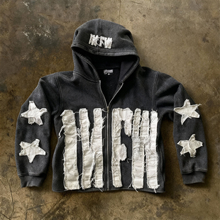 卫衣男女宽松vintage外套 高街风拼布字母星星连帽开衫 y2k hoodie