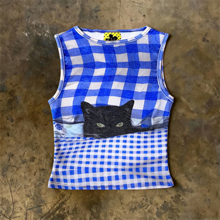 y2k 俏皮风蓝白格子猫咪印花背心女内搭显瘦百搭休闲上衣 hoodie
