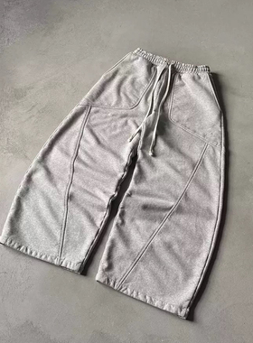 y2k ~宽松抽绳卫裤男女灰色分割线设计休闲裤运动裤松紧腰长裤