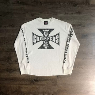 高街风华夫格长袖 美式 T恤男女复古印花宽松上衣潮牌 hoodie y2k