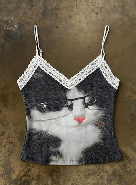 y2k hoodie~千禧辣妹猫咪蕾丝拼接深V领吊带背心女复古可爱上衣潮