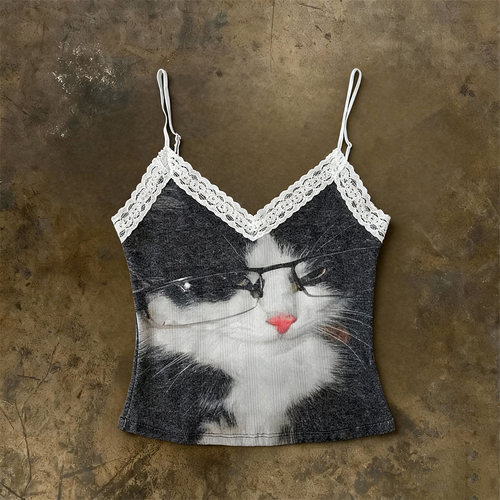y2k hoodie~千禧辣妹猫咪蕾丝拼接深V领吊带背心女复古可爱上衣潮
