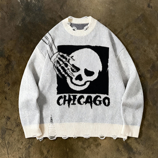 街头风 复古骷髅头图案圆领毛衣男女宽松套头针织衫 y2k hoodie美式