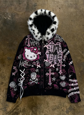 y2k hoodie~亚文化轻朋克风摇滚原宿连帽拉链卫衣辣妹女宽松外套