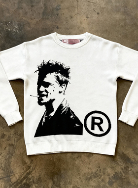 y2k hoodie~摇滚印花圆领套头针织毛衣男女通用宽松长袖白色上衣