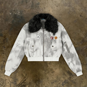 y2k 宽松加厚拉链外套高街 复古轻亚风毛领棉服冬短款 hoodie 美式