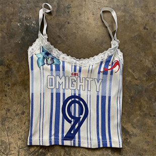 小众复古蓝白条纹蕾丝边吊带辣妹修身 美式 背心女内搭 hoodie y2k