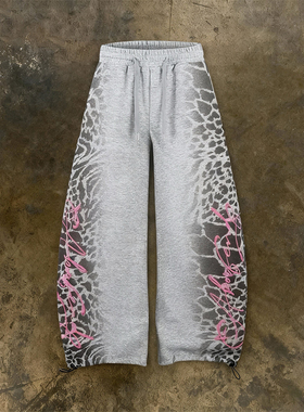 y2k hoodie~美式豹纹印花宽松卫裤男女街头休闲长裤灰色直筒裤潮