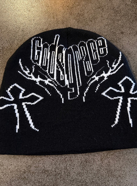 y2k hoodie毛线帽男女冬季字母刺绣冷帽情侣嘻哈保暖护耳帽显脸小