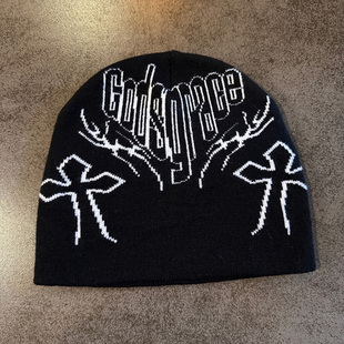 y2k 字母刺绣冷帽情侣嘻哈保暖护耳帽显脸小 hoodie毛线帽男女冬季