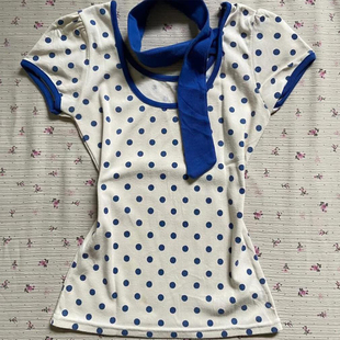 白蓝波点短袖 T恤女撞色领边可拆卸领带Y2K甜妹风收腰显瘦上衣女