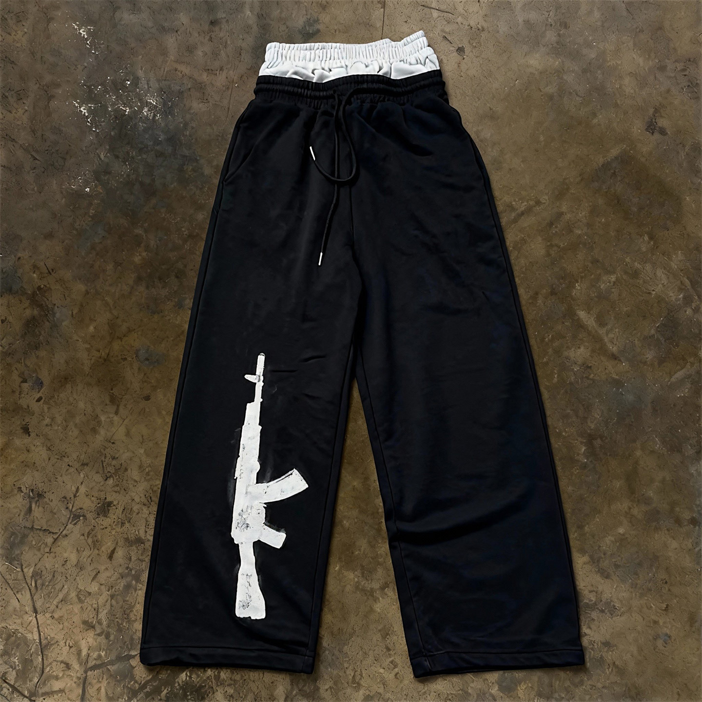 y2k hoodie~美式街头风印花阔腿卫裤女宽松黑色长裤高腰直筒裤